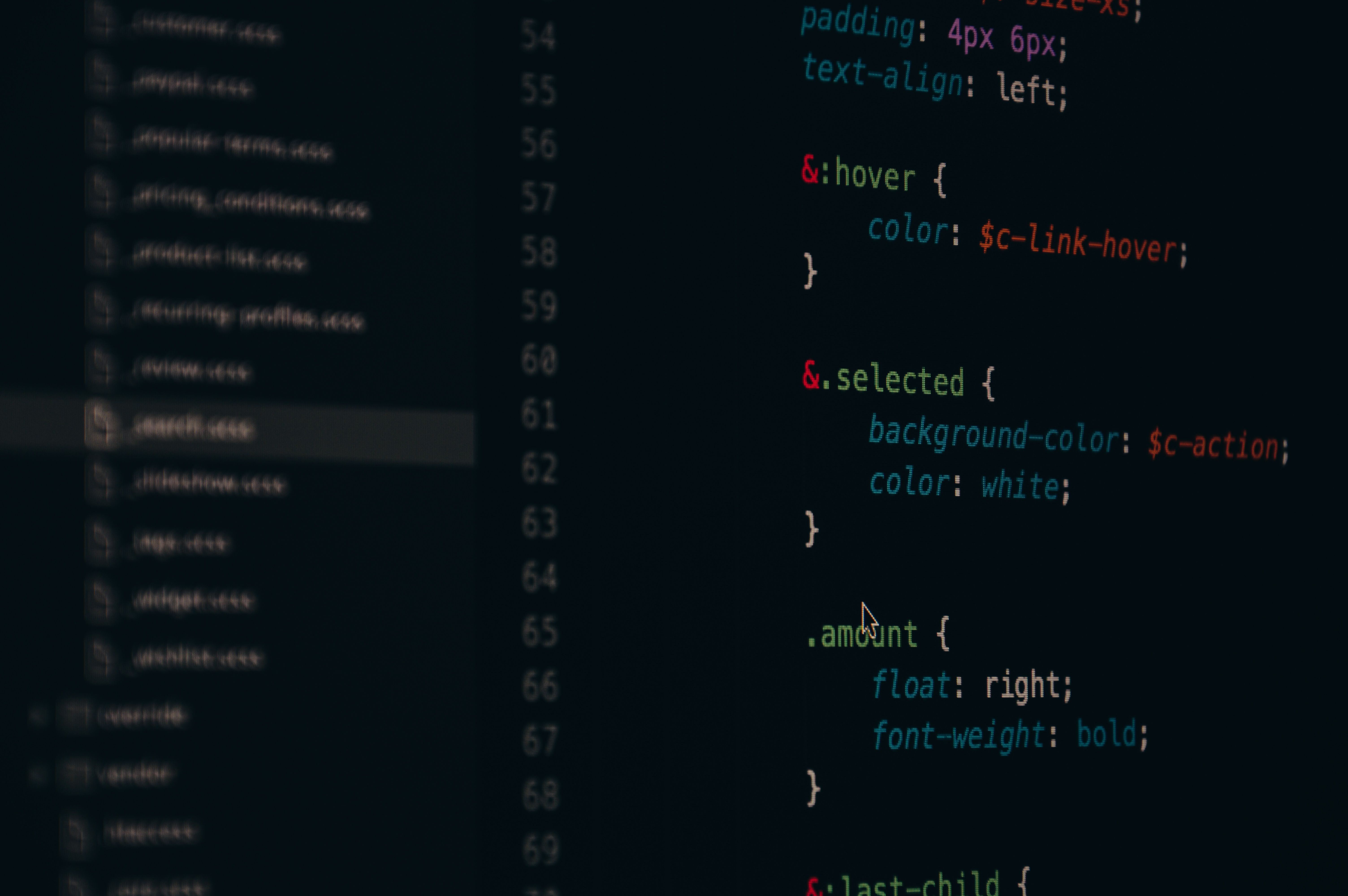 Close-up of colorful CSS code lines on a computer screen for web development.