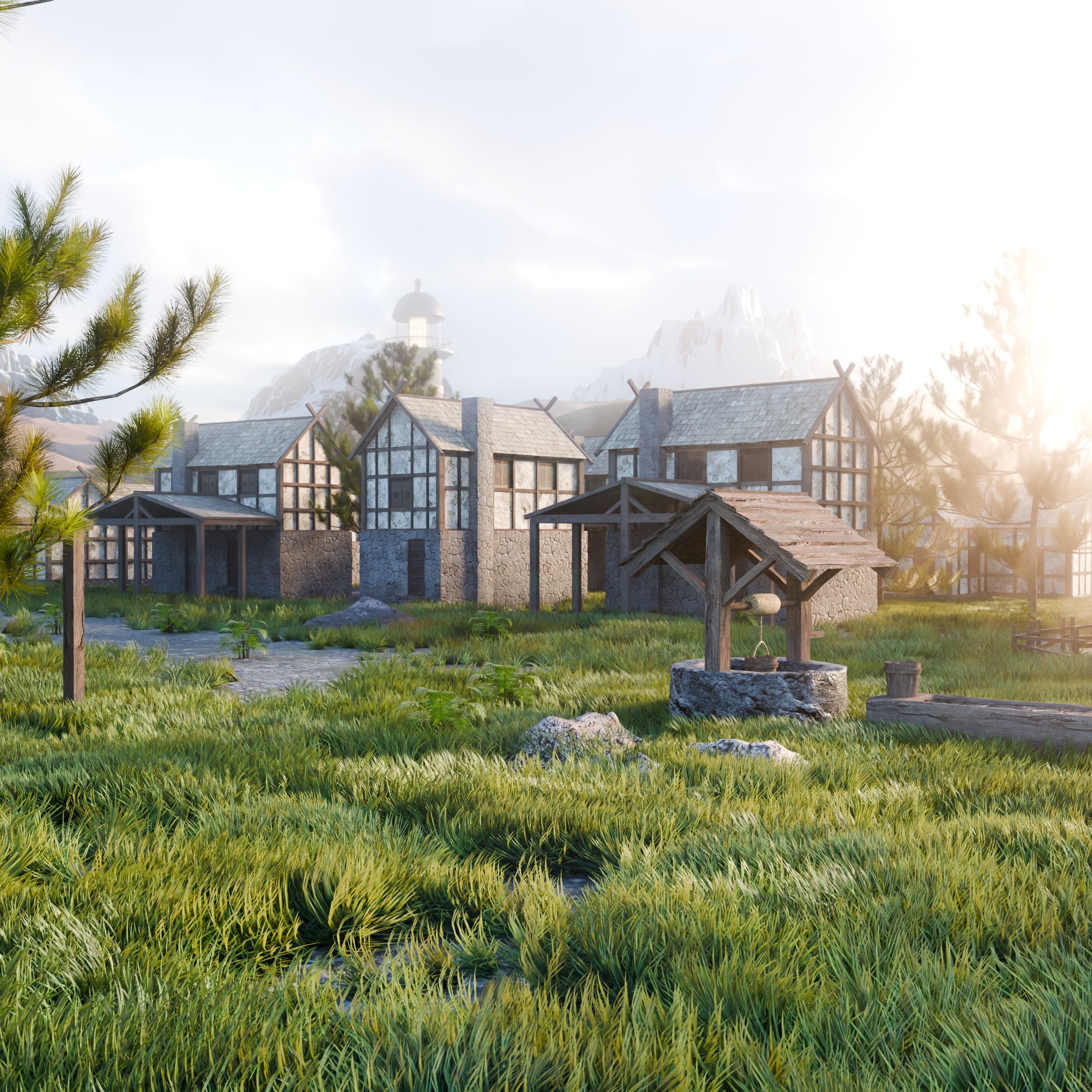 Scenic view of a medieval village with stone houses and lush greenery at sunrise.