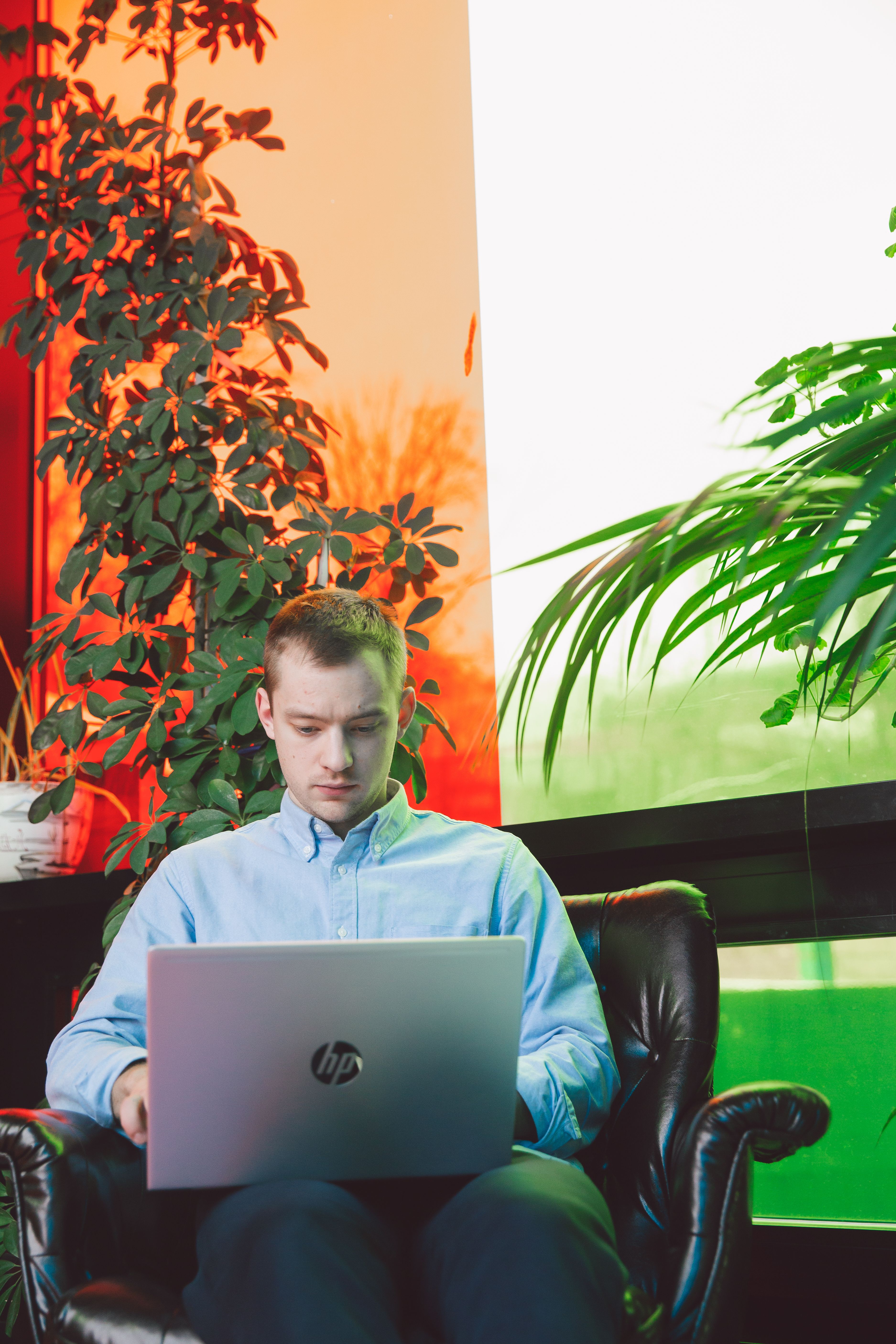 Young man working on a laptop in a colorful modern indoor workspace.