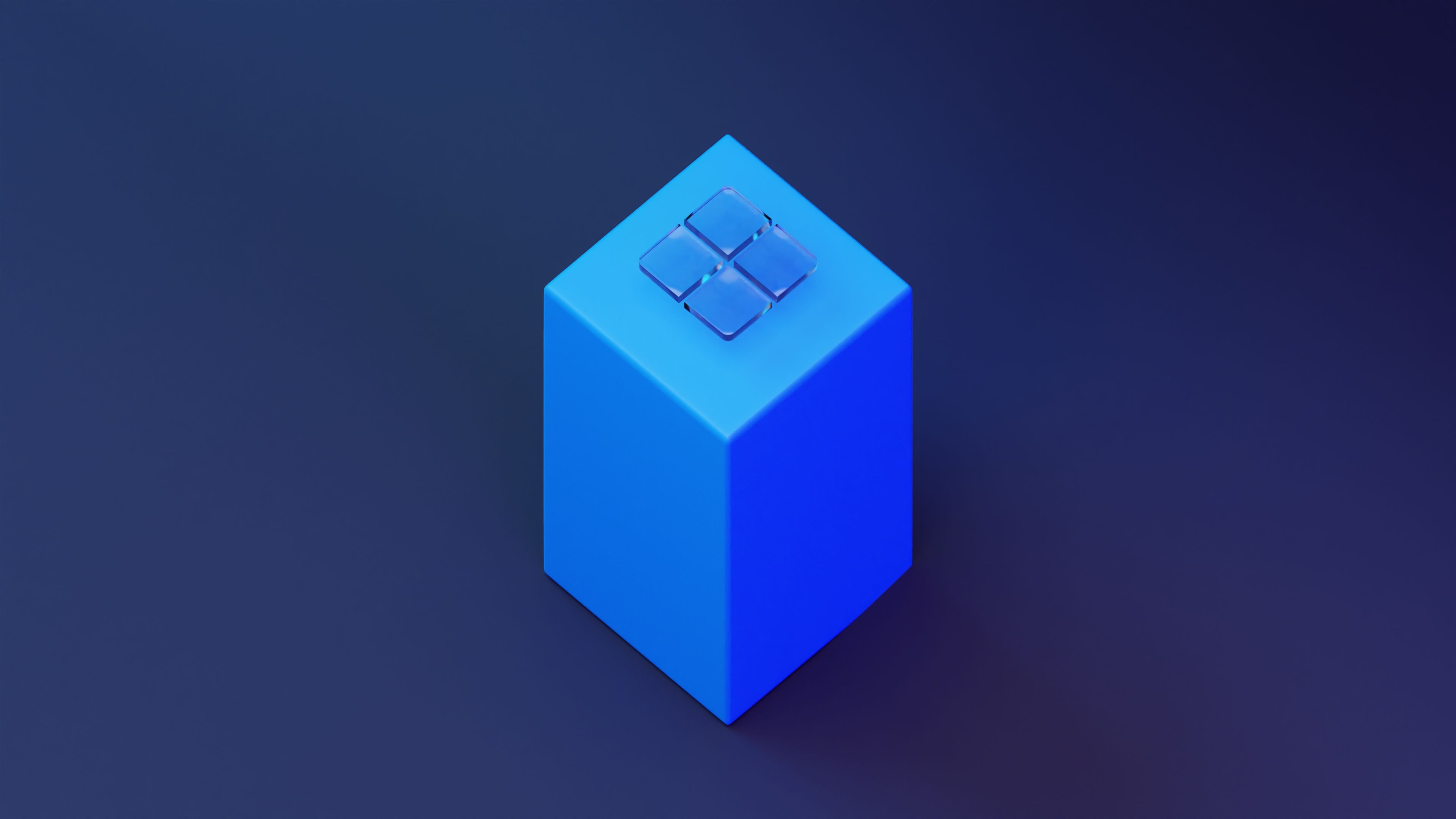 Geometric 3D render of a blue cube with glass panels on top, against a blue background.